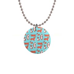 Corgis On Teal 1  Button Necklace by Wav3s