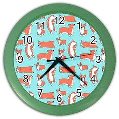 Corgis On Teal Color Wall Clock by Wav3s