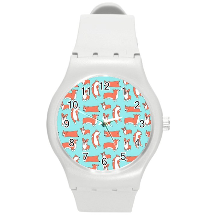 Corgis On Teal Round Plastic Sport Watch (M)