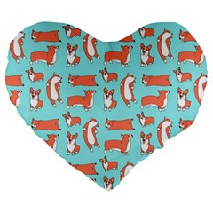 Corgis On Teal Large 19  Premium Flano Heart Shape Cushions by Wav3s