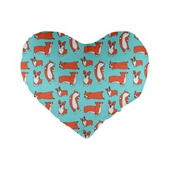 Corgis On Teal Standard 16  Premium Flano Heart Shape Cushions by Wav3s