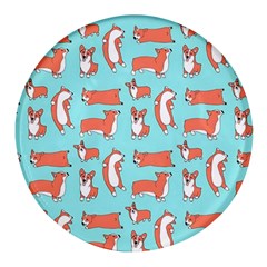 Corgis On Teal Round Glass Fridge Magnet (4 Pack)