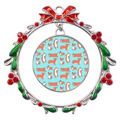 Corgis On Teal Metal X mas Wreath Ribbon Ornament by Wav3s