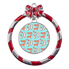 Corgis On Teal Metal Red Ribbon Round Ornament by Wav3s