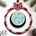 Corgis On Teal Metal Red Ribbon Round Ornament Front