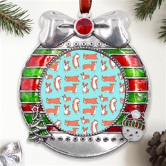 Corgis On Teal Metal X mas Ribbon With Red Crystal Round Ornament by Wav3s