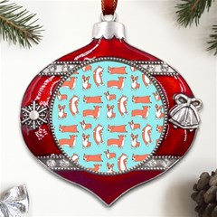 Corgis On Teal Metal Snowflake And Bell Red Ornament by Wav3s