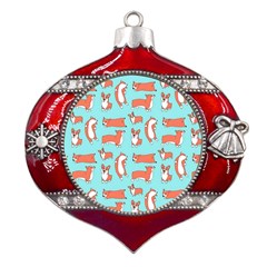 Corgis On Teal Metal Snowflake And Bell Red Ornament by Wav3s