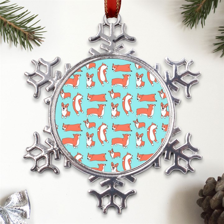 Corgis On Teal Metal Large Snowflake Ornament