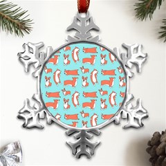 Corgis On Teal Metal Small Snowflake Ornament