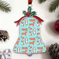 Corgis On Teal Metal Holly Leaf Bell Ornament