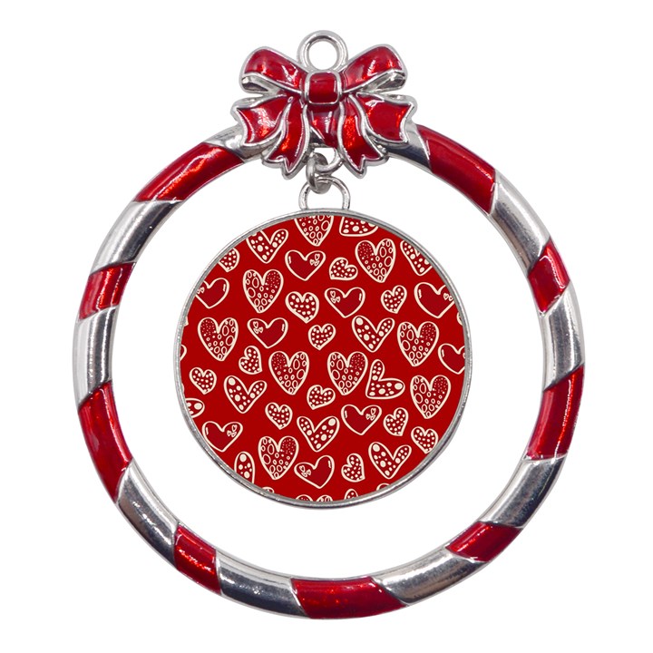 Vector Seamless Pattern Of Hearts With Valentine s Day Metal Red Ribbon Round Ornament