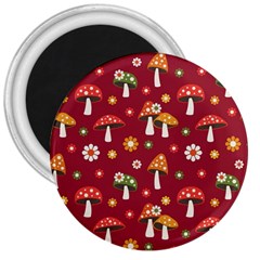 Woodland Mushroom And Daisy Seamless Pattern On Red Background 3  Magnets by Wav3s