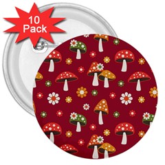 Woodland Mushroom And Daisy Seamless Pattern On Red Background 3  Buttons (10 Pack)  by Wav3s