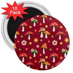 Woodland Mushroom And Daisy Seamless Pattern On Red Background 3  Magnets (10 Pack)  by Wav3s