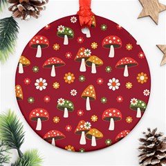 Woodland Mushroom And Daisy Seamless Pattern On Red Background Ornament (round)