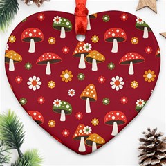 Woodland Mushroom And Daisy Seamless Pattern On Red Background Ornament (heart)