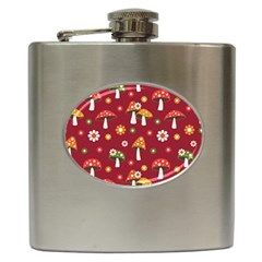 Woodland Mushroom And Daisy Seamless Pattern On Red Background Hip Flask (6 Oz) by Wav3s