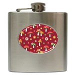 Woodland Mushroom And Daisy Seamless Pattern On Red Background Hip Flask (6 oz) Front