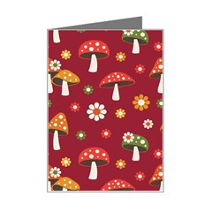 Woodland Mushroom And Daisy Seamless Pattern On Red Background Mini Greeting Card by Wav3s