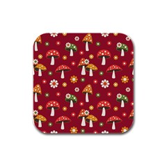 Woodland Mushroom And Daisy Seamless Pattern On Red Background Rubber Square Coaster (4 Pack)