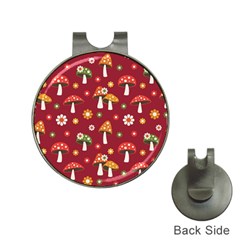 Woodland Mushroom And Daisy Seamless Pattern On Red Background Hat Clips With Golf Markers