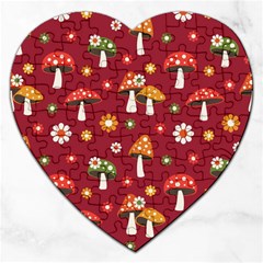 Woodland Mushroom And Daisy Seamless Pattern On Red Background Jigsaw Puzzle (heart) by Wav3s