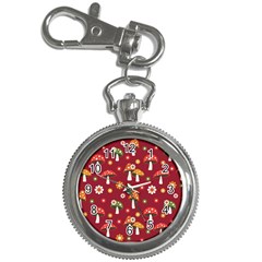 Woodland Mushroom And Daisy Seamless Pattern On Red Background Key Chain Watches