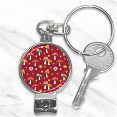 Woodland Mushroom And Daisy Seamless Pattern On Red Background Nail Clippers Key Chain by Wav3s