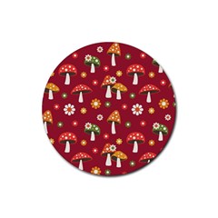 Woodland Mushroom And Daisy Seamless Pattern On Red Background Rubber Coaster (round)