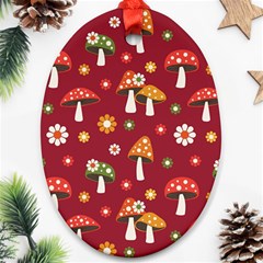 Woodland Mushroom And Daisy Seamless Pattern On Red Background Oval Ornament (two Sides)