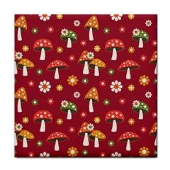 Woodland Mushroom And Daisy Seamless Pattern On Red Background Face Towel