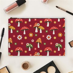 Woodland Mushroom And Daisy Seamless Pattern On Red Background Cosmetic Bag (large) by Wav3s