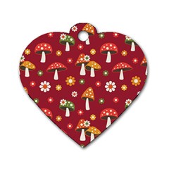 Woodland Mushroom And Daisy Seamless Pattern On Red Background Dog Tag Heart (two Sides) by Wav3s