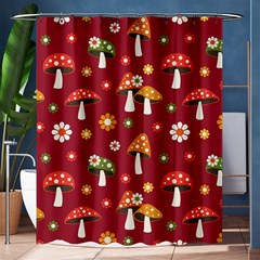 Woodland Mushroom And Daisy Seamless Pattern On Red Background Shower Curtain 60  X 72  (medium)  by Wav3s