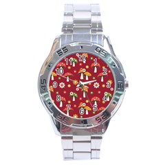 Woodland Mushroom And Daisy Seamless Pattern On Red Background Stainless Steel Analogue Watch by Wav3s