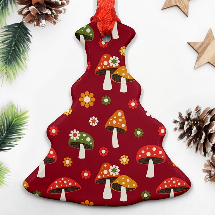 Woodland Mushroom And Daisy Seamless Pattern On Red Background Christmas Tree Ornament (Two Sides)