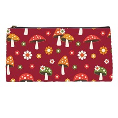 Woodland Mushroom And Daisy Seamless Pattern On Red Background Pencil Case by Wav3s