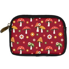 Woodland Mushroom And Daisy Seamless Pattern On Red Background Digital Camera Leather Case by Wav3s