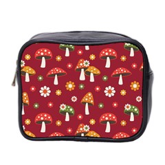 Woodland Mushroom And Daisy Seamless Pattern On Red Background Mini Toiletries Bag (two Sides) by Wav3s