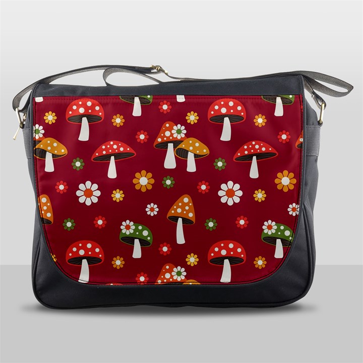 Woodland Mushroom And Daisy Seamless Pattern On Red Background Messenger Bag