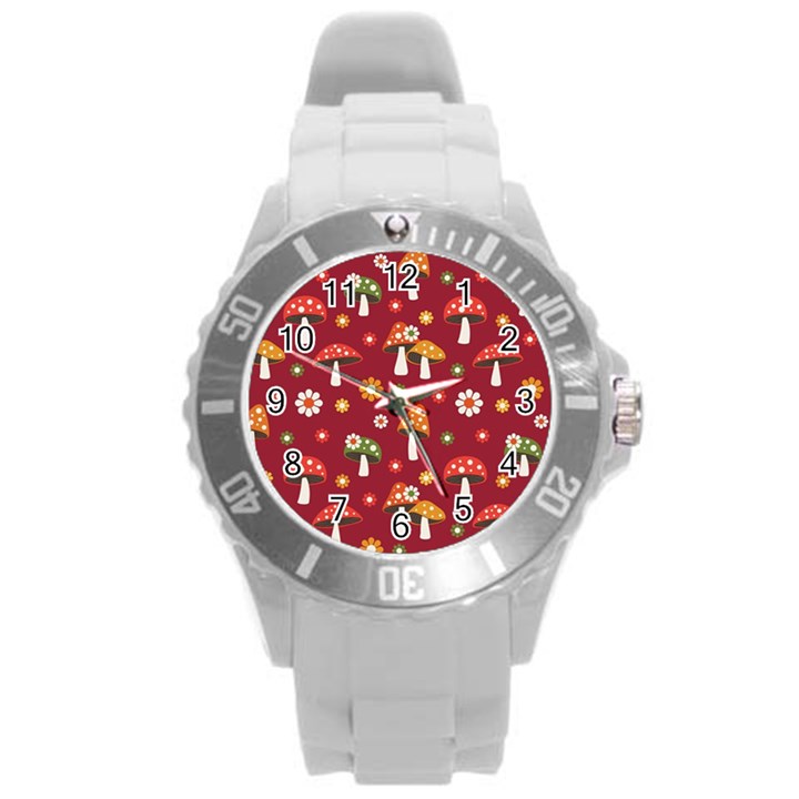 Woodland Mushroom And Daisy Seamless Pattern On Red Background Round Plastic Sport Watch (L)