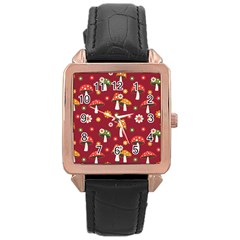 Woodland Mushroom And Daisy Seamless Pattern On Red Background Rose Gold Leather Watch  by Wav3s