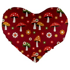 Woodland Mushroom And Daisy Seamless Pattern On Red Background Large 19  Premium Heart Shape Cushions by Wav3s