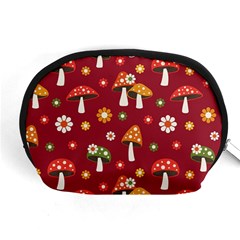 Woodland Mushroom And Daisy Seamless Pattern On Red Background Accessory Pouch (medium) by Wav3s