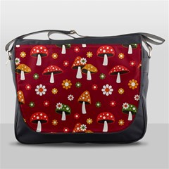 Woodland Mushroom And Daisy Seamless Pattern On Red Background Messenger Bag by Wav3s