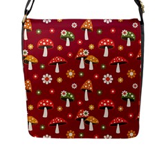 Woodland Mushroom And Daisy Seamless Pattern On Red Background Flap Closure Messenger Bag (l) by Wav3s