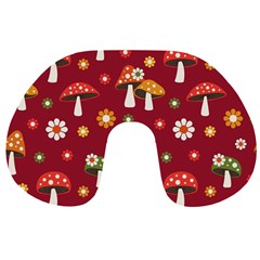 Woodland Mushroom And Daisy Seamless Pattern On Red Background Travel Neck Pillow by Wav3s