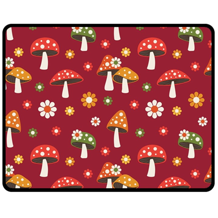 Woodland Mushroom And Daisy Seamless Pattern On Red Background Two Sides Fleece Blanket (Medium)