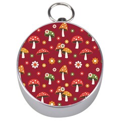 Woodland Mushroom And Daisy Seamless Pattern On Red Background Silver Compasses